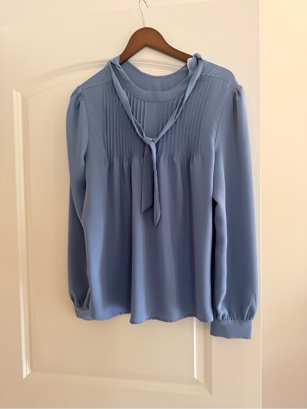 Women's Light Blue Tie-Neck Pintuck Blouse